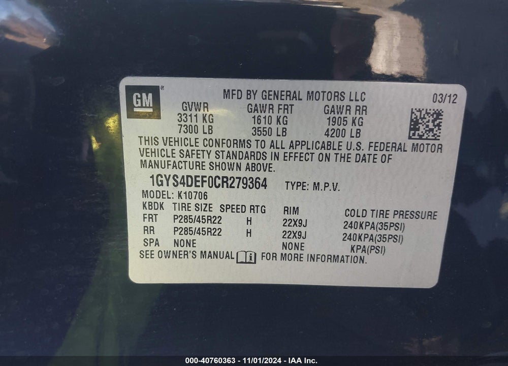 2012 CADILLAC ESCALADE PLATINUM EDITION VIN: 1GYS4DEF0CR279364