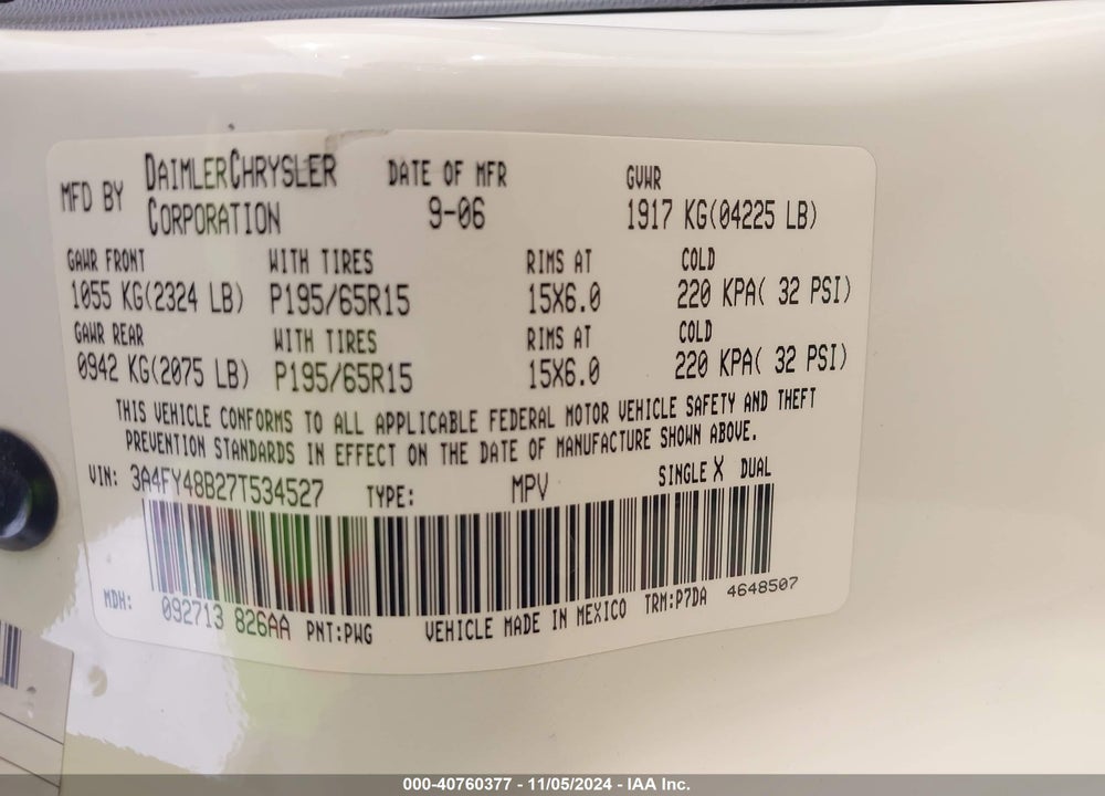2007 CHRYSLER PT CRUISER VIN: 3A4FY48B27T534527
