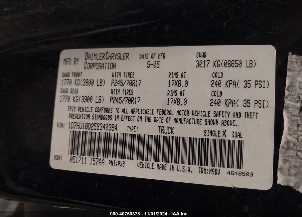 2005 DODGE RAM 1500 SLT/LARAMIE VIN: 1D7HU18D25S340384