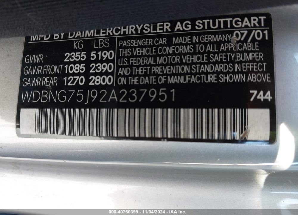 2002 MERCEDES-BENZ S 500 VIN: WDBNG75J92A237951