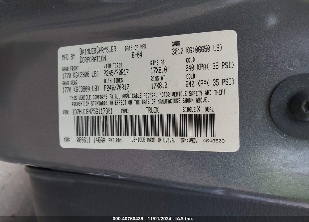 2005 DODGE RAM 1500 SLT/LARAMIE VIN: 1D7HU18N75S117301