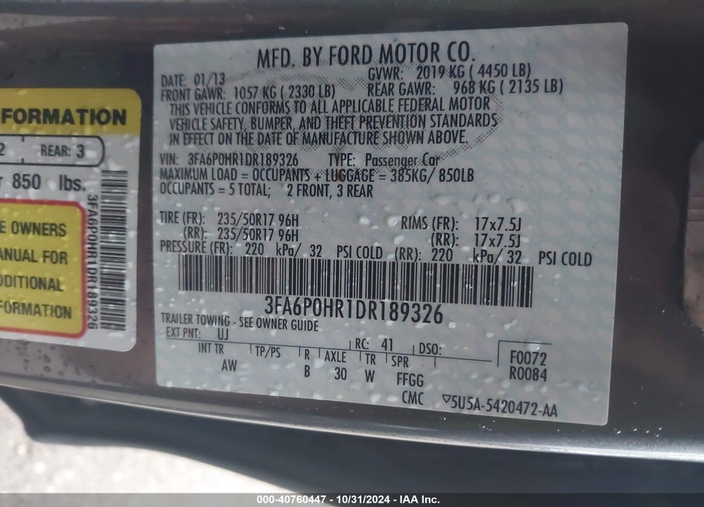 2013 FORD FUSION SE VIN: 3FA6P0HR1DR189326