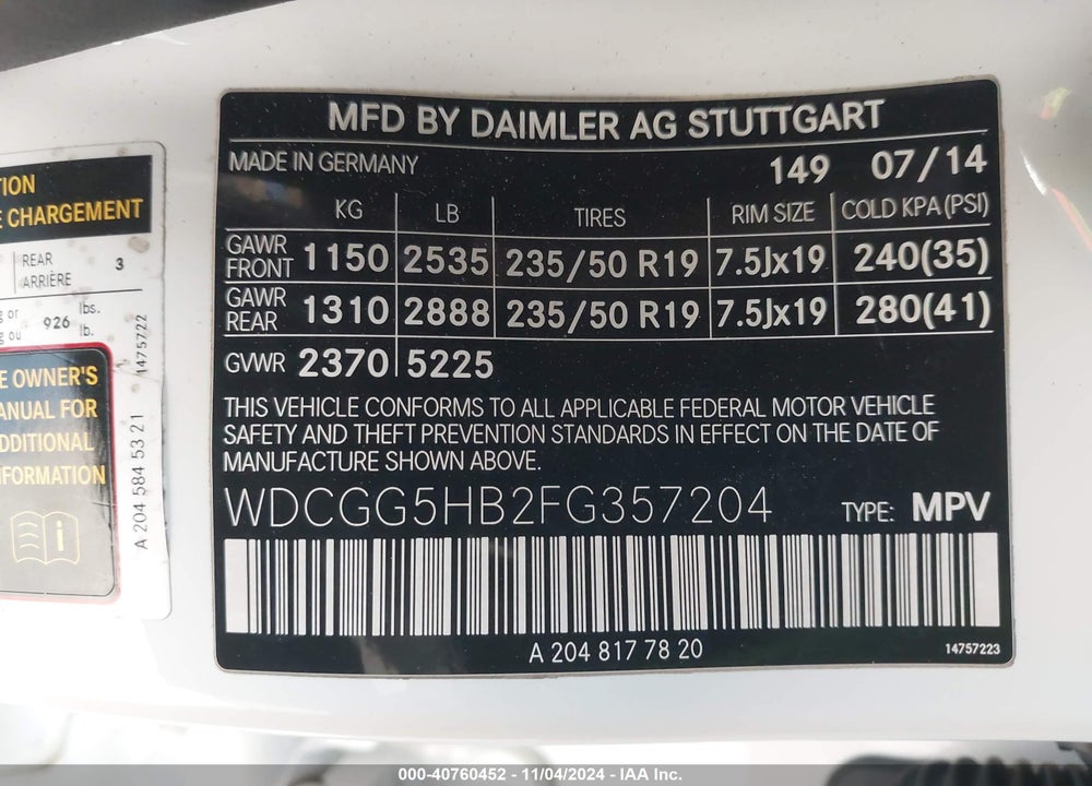 2015 MERCEDES-BENZ GLK 350 VIN: WDCGG5HB2FG357204