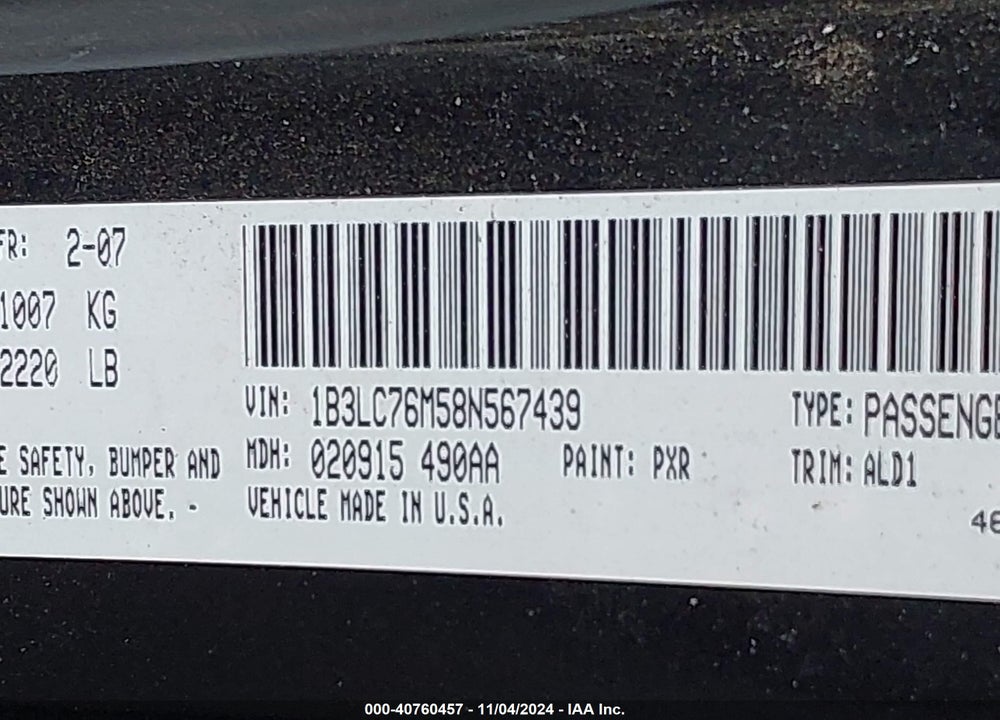 2008 DODGE AVENGER R/T VIN: 1B3LC76M58N567439