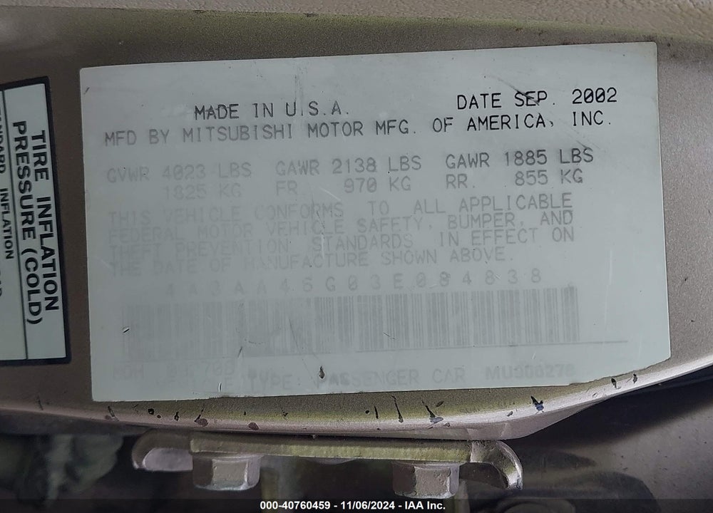 2003 MITSUBISHI GALANT ES/LS VIN: 4A3AA46G03E084838