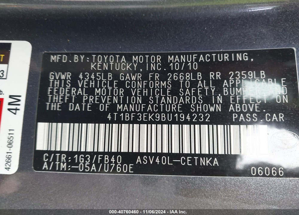 2011 TOYOTA CAMRY LE VIN: 4T1BF3EK9BU194232