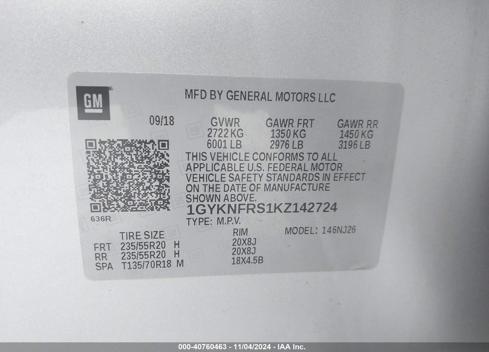 2019 CADILLAC XT5 PREMIUM LUXURY VIN: 1GYKNFRS1KZ142724