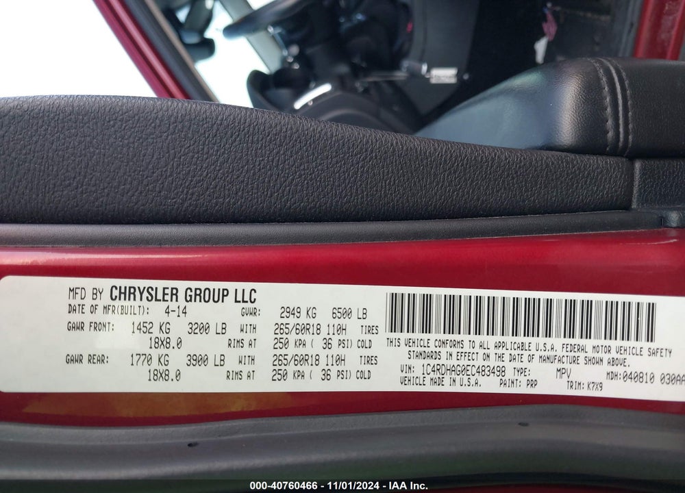 2014 DODGE DURANGO SXT VIN: 1C4RDHAG0EC483498