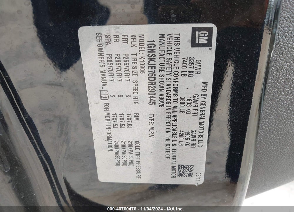 2013 CHEVROLET SUBURBAN 1500 LT VIN: 1GNSKJE76DR290445