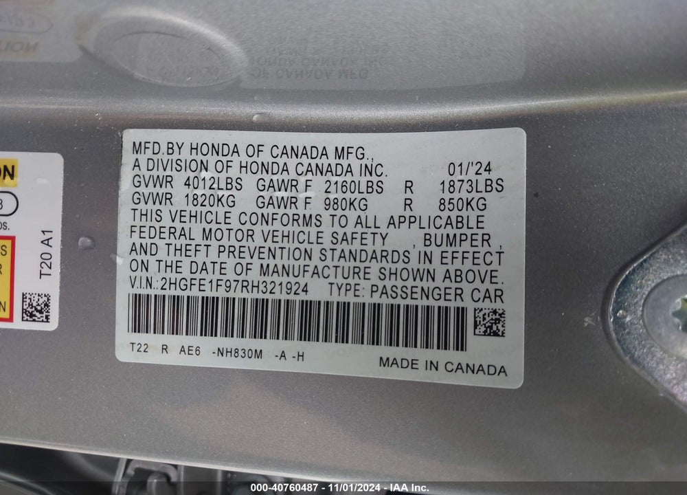 2024 HONDA CIVIC TOURING VIN: 2HGFE1F97RH321924