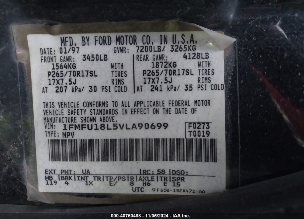 1997 FORD EXPEDITION EDDIE BAUER/XLT VIN: 1FMFU18L5VLA90699
