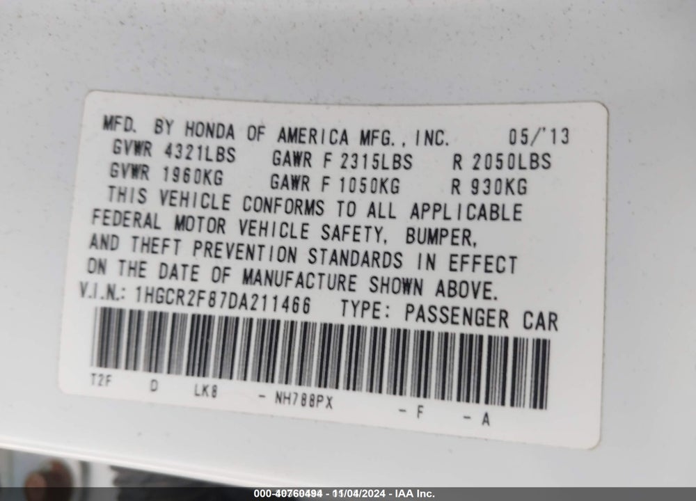 2013 HONDA ACCORD EX-L VIN: 1HGCR2F87DA211466