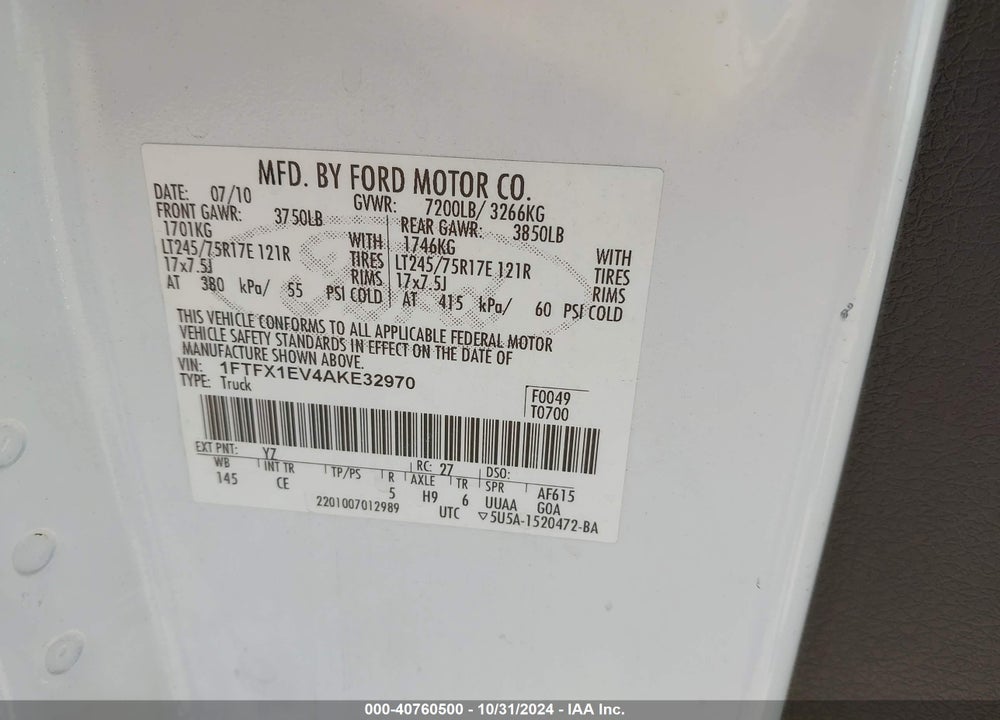 2010 FORD F-150 FX4/LARIAT/XL/XLT VIN: 1FTFX1EV4AKE32970