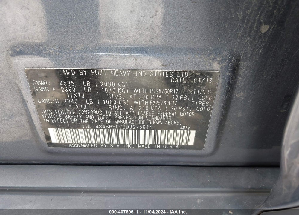 2013 SUBARU OUTBACK 2.5I PREMIUM VIN: 4S4BRBCC2D3275644