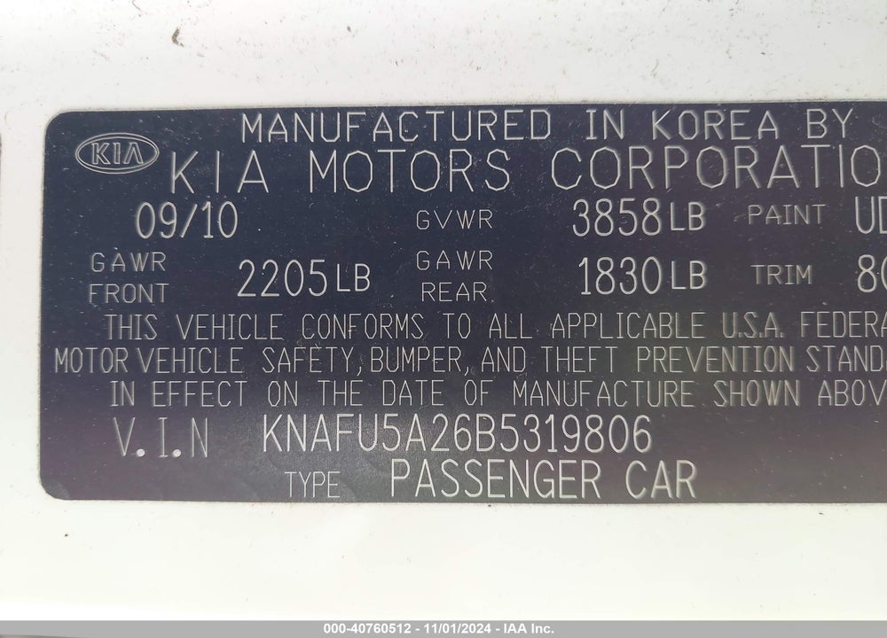 2011 KIA FORTE VIN: KNAFU5A26B5319806