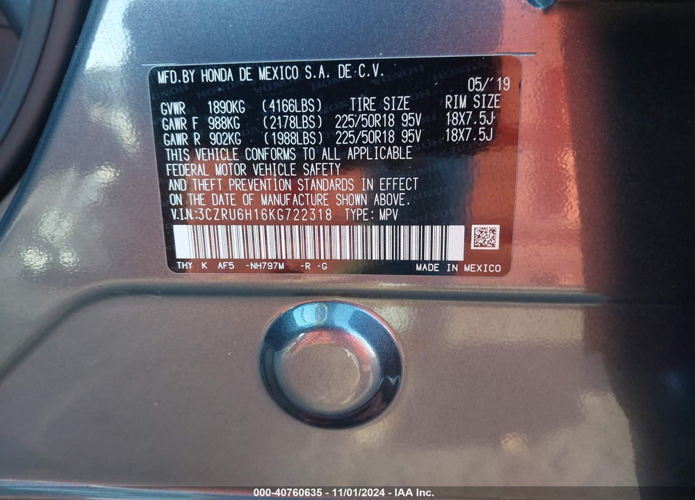 2019 HONDA HR-V SPORT VIN: 3CZRU6H16KG722318
