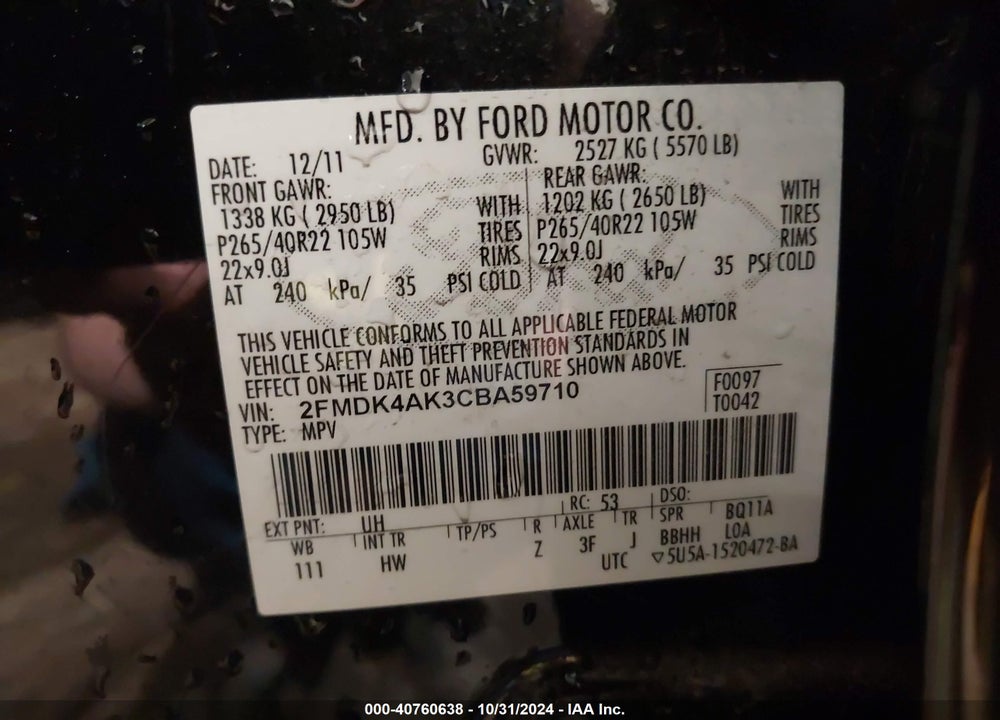 2012 FORD EDGE SPORT VIN: 2FMDK4AK3CBA59710