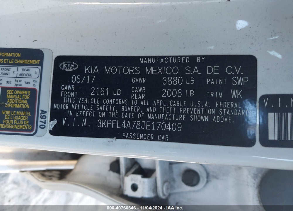 2018 KIA FORTE LX VIN: 3KPFL4A78JE170409
