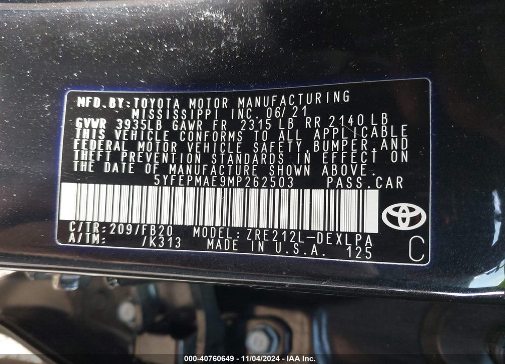 2021 TOYOTA COROLLA LE VIN: 5YFEPMAE9MP262503