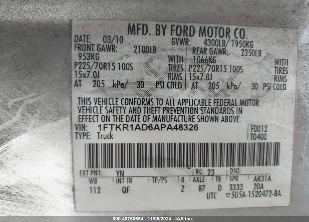 2010 FORD RANGER XL VIN: 1FTKR1AD6APA48326