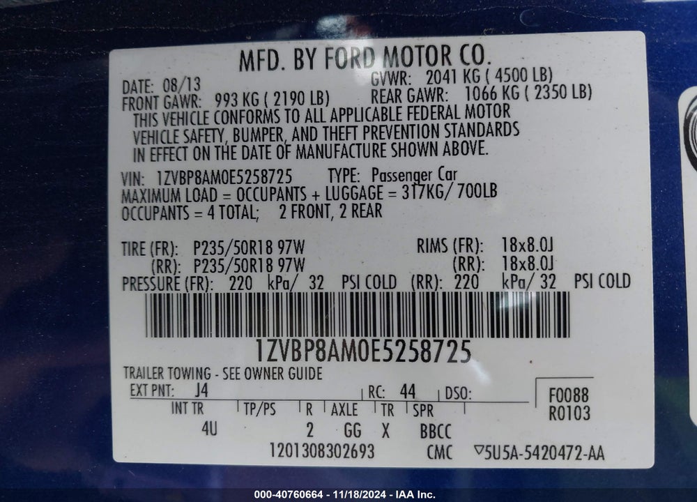 2014 FORD MUSTANG V6 PREMIUM VIN: 1ZVBP8AM0E5258725