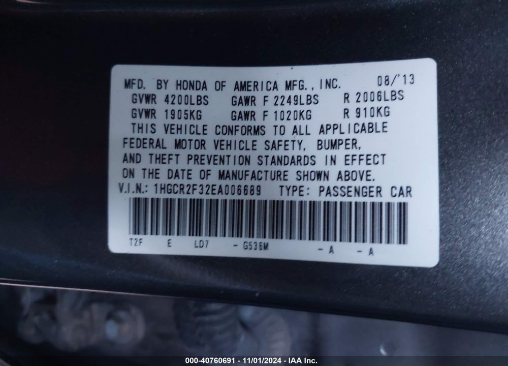 2014 HONDA ACCORD LX VIN: 1HGCR2F32EA006689