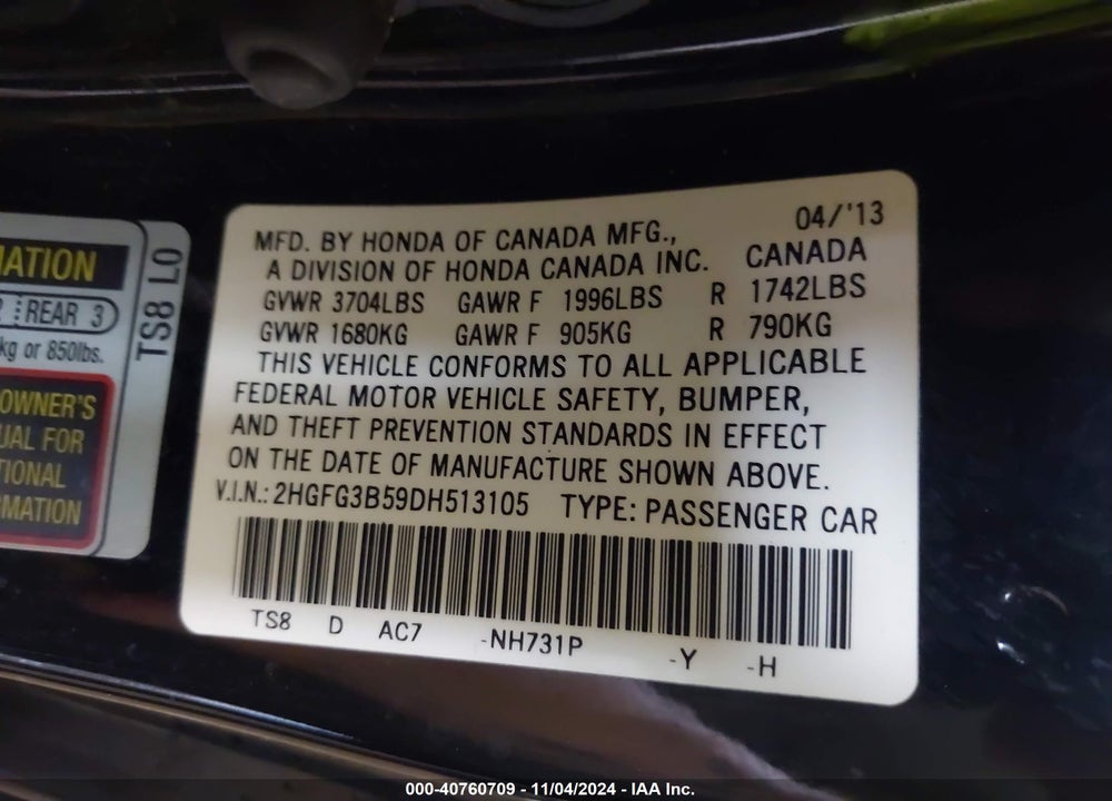 2013 HONDA CIVIC LX VIN: 2HGFG3B59DH513105
