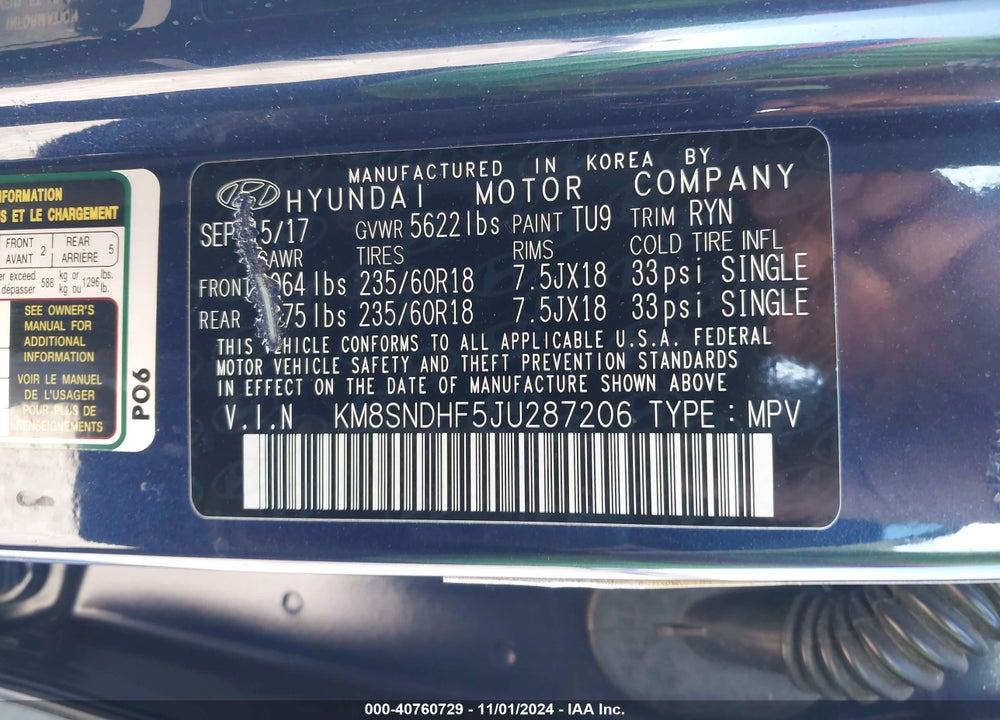 2018 HYUNDAI SANTA FE SE VIN: KM8SNDHF5JU287206