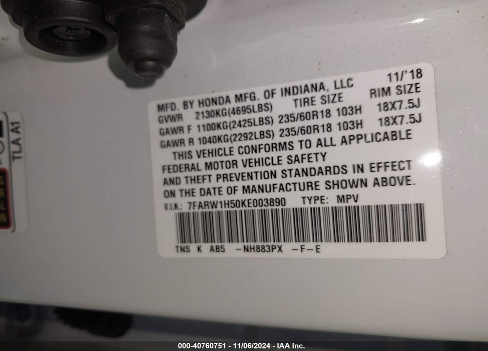 2019 HONDA CR-V EX VIN: 7FARW1H50KE003890