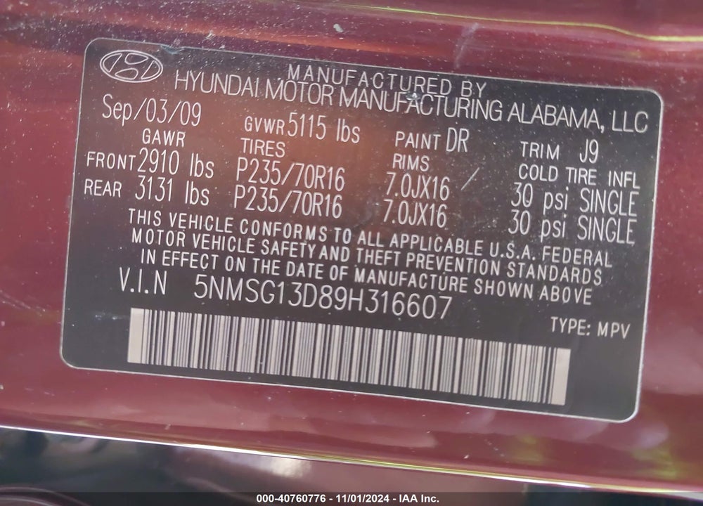 2009 HYUNDAI SANTA FE GLS VIN: 5NMSG13D89H316607