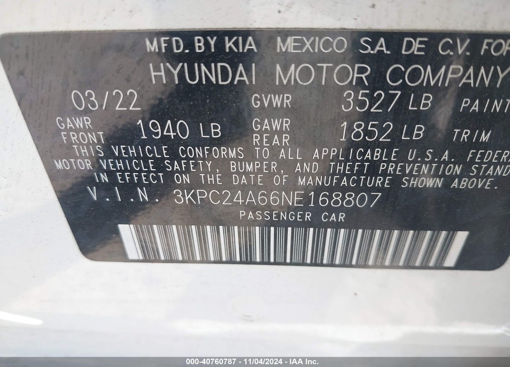2022 HYUNDAI ACCENT VIN: 3KPC24A66NE168807