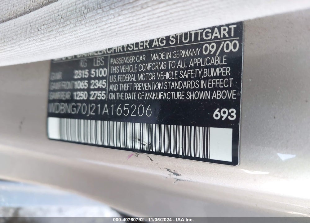 2001 MERCEDES-BENZ S 430 VIN: WDBNG70J21A165206