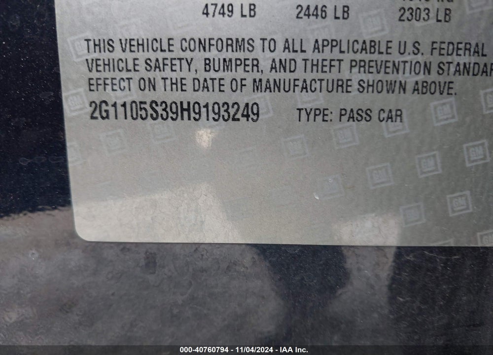 2017 CHEVROLET IMPALA VIN: 2G1105S39H9193249