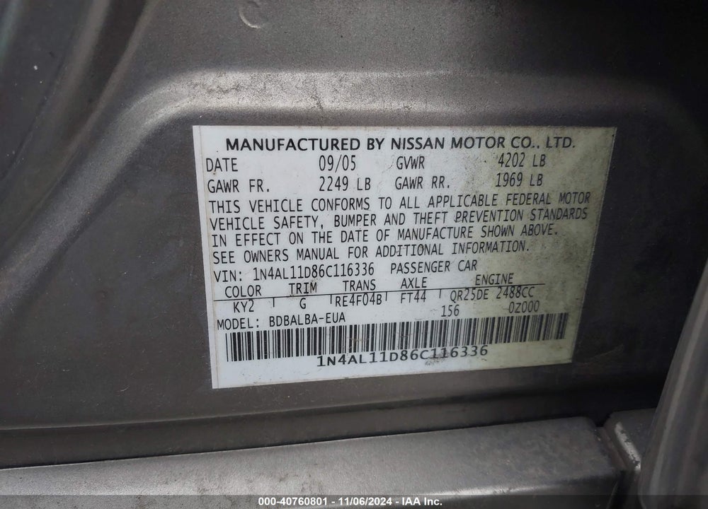 2006 NISSAN ALTIMA 2.5 S VIN: 1N4AL11D86C116336