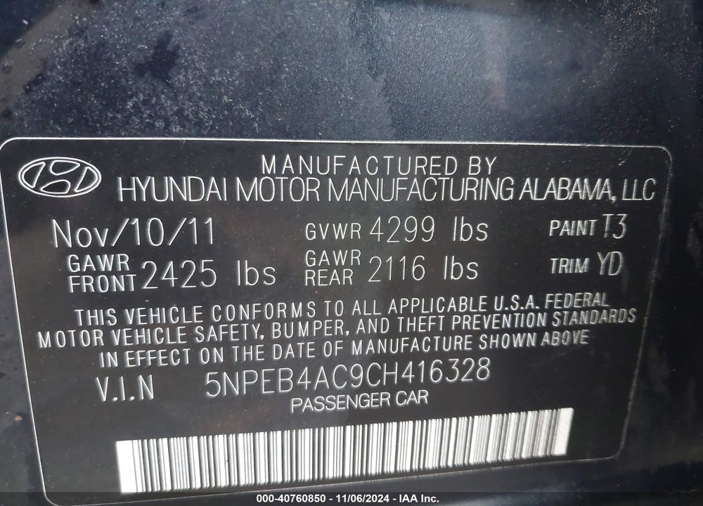 2012 HYUNDAI SONATA GLS VIN: 5NPEB4AC9CH416328