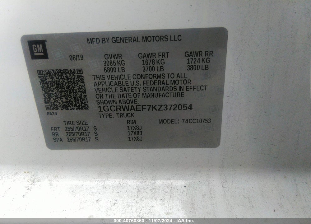 2019 CHEVROLET SILVERADO 1500 WORK TRUCK VIN: 1GCRWAEF7KZ372054