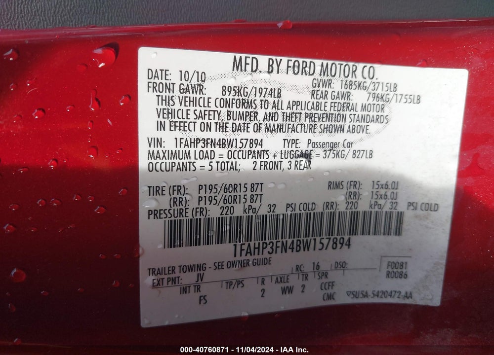 2011 FORD FOCUS SE VIN: 1FAHP3FN4BW157894