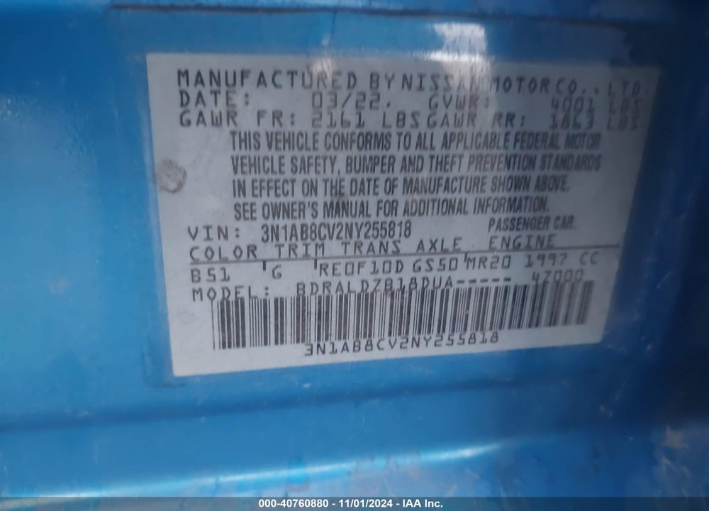 2022 NISSAN SENTRA SV XTRONIC CVT VIN: 3N1AB8CV2NY255818