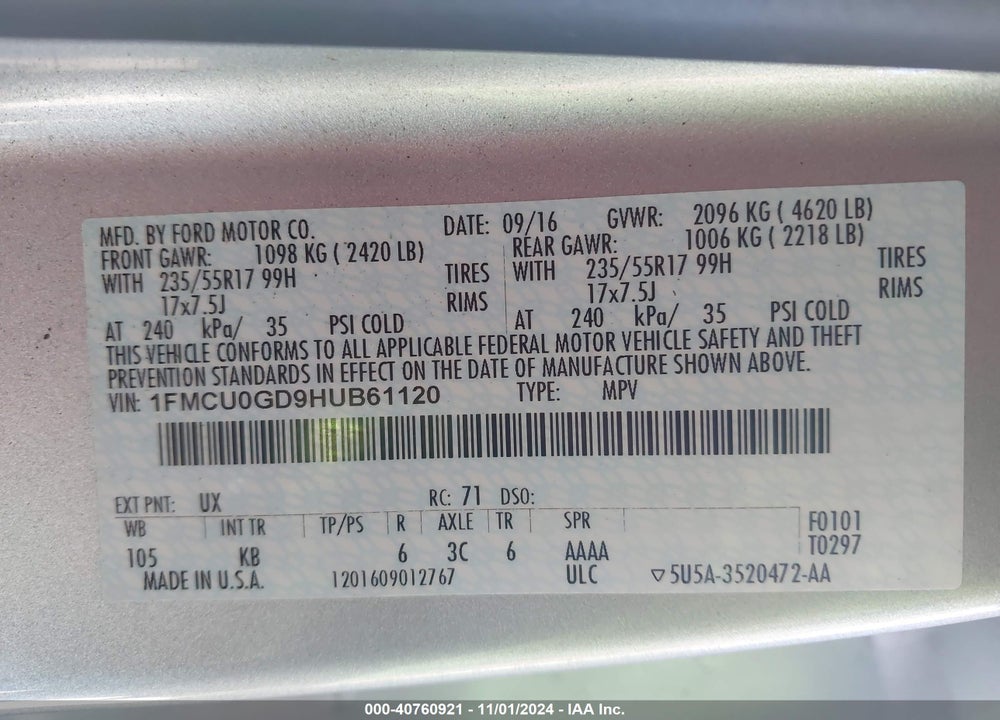 2017 FORD ESCAPE SE VIN: 1FMCU0GD9HUB61120