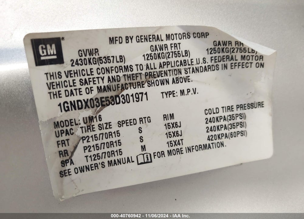 2003 CHEVROLET VENTURE LS VIN: 1GNDX03E53D301971
