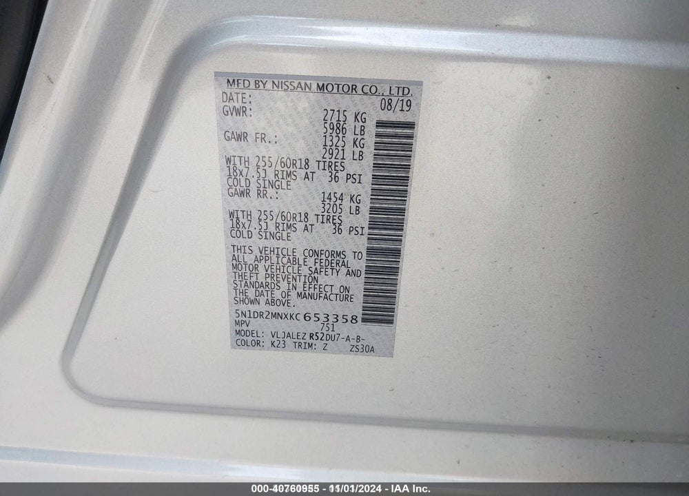 2019 NISSAN PATHFINDER SV VIN: 5N1DR2MNXKC653358