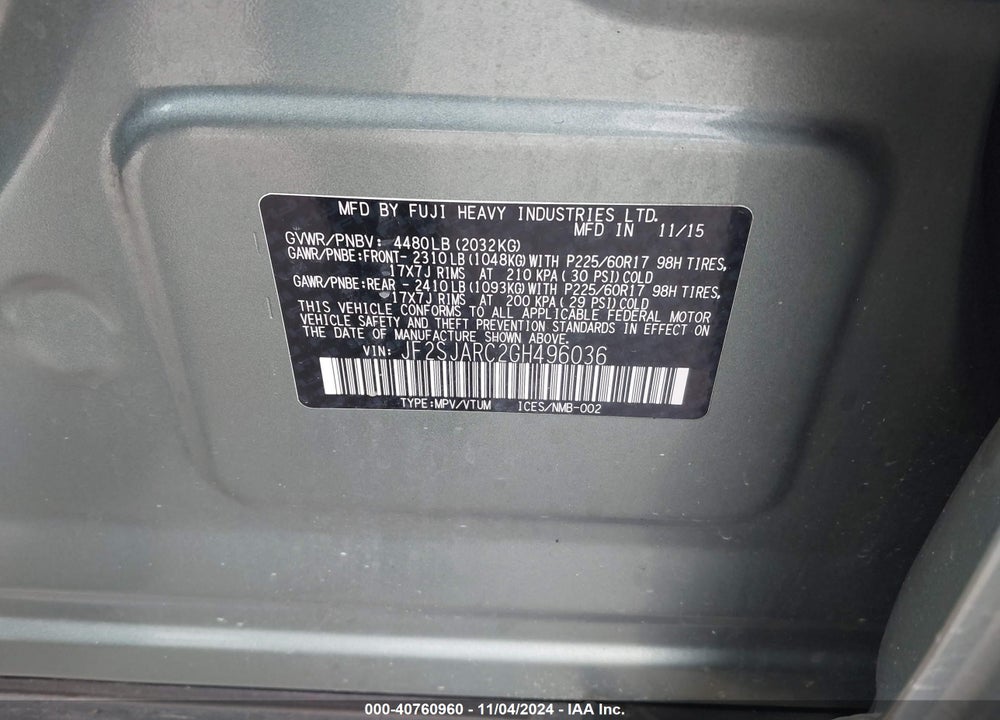 2016 SUBARU FORESTER 2.5I LIMITED VIN: JF2SJARC2GH496036