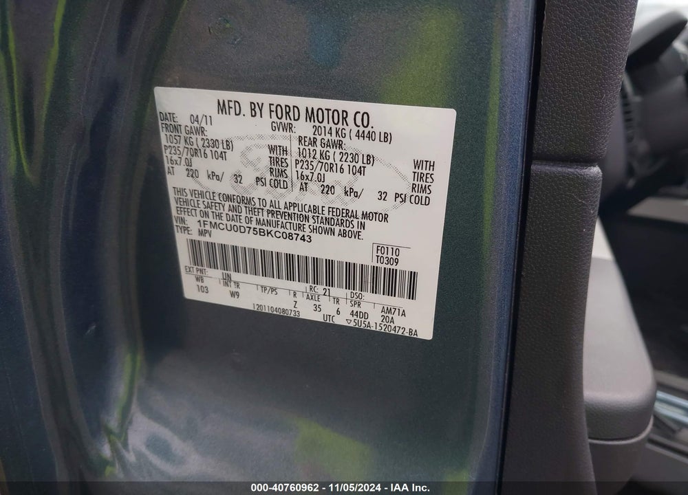 2011 FORD ESCAPE XLT VIN: 1FMCU0D75BKC08743