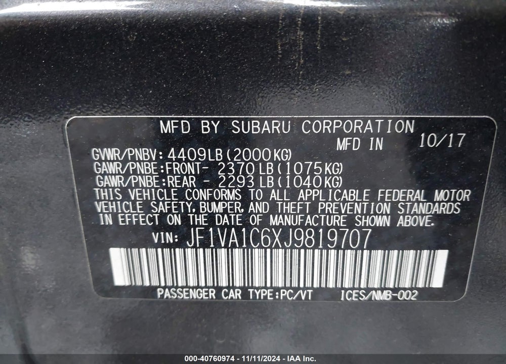 2018 SUBARU WRX PREMIUM VIN: JF1VA1C6XJ9819707