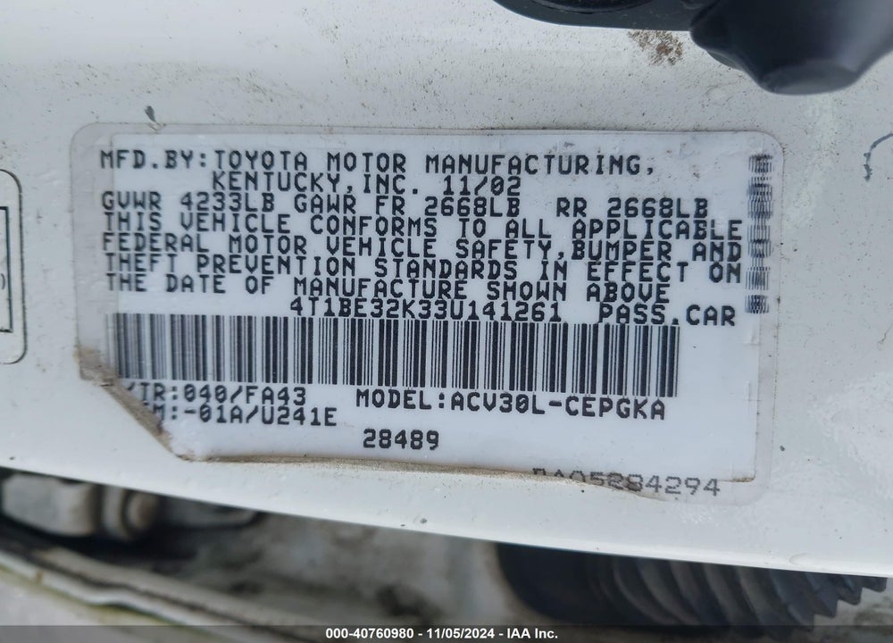 2003 TOYOTA CAMRY XLE VIN: 4T1BE32K33U141261