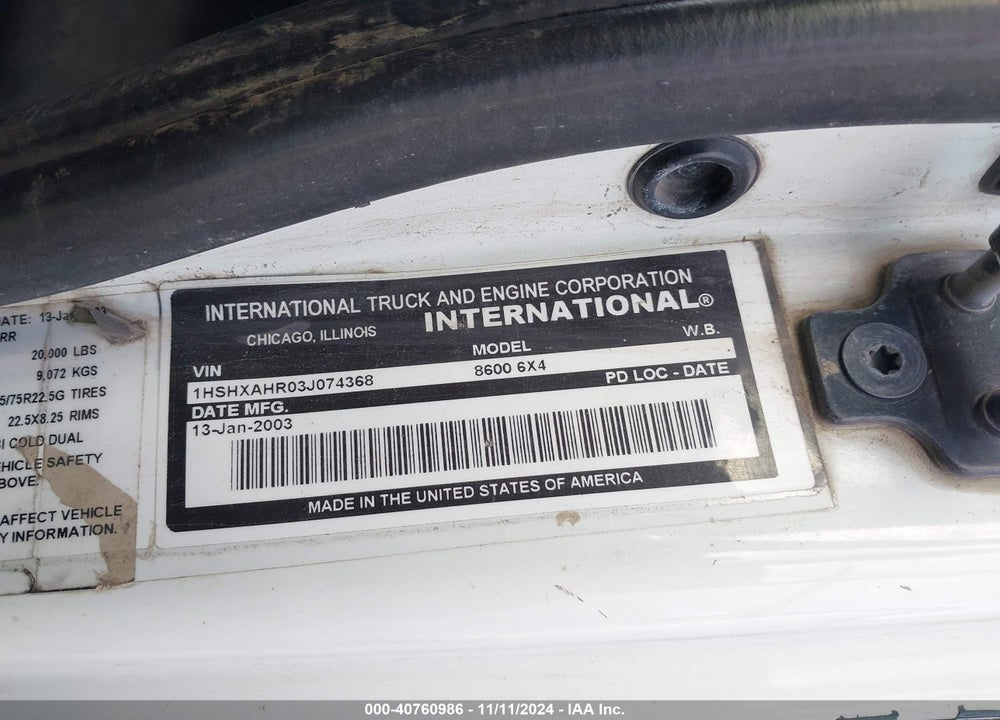 2003 INTERNATIONAL 8600 8600 VIN: 1HSHXAHR03J074368