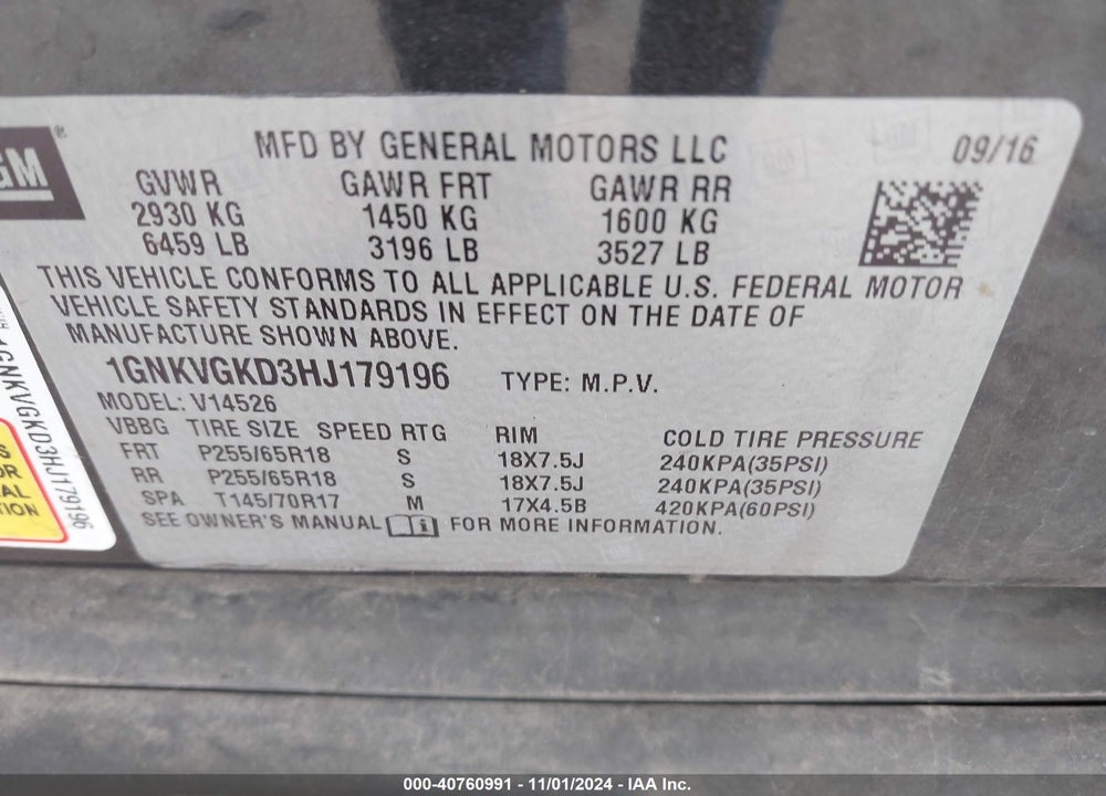 2017 CHEVROLET TRAVERSE 1LT VIN: 1GNKVGKD3HJ179196