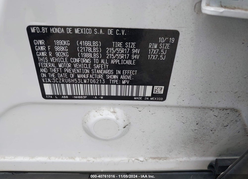 2020 HONDA HR-V AWD EX VIN: 3CZRU6H53LM706213