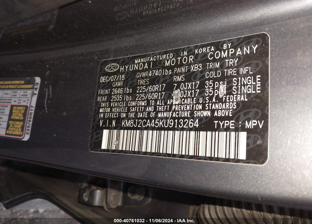 2019 HYUNDAI TUCSON SE VIN: KM8J2CA45KU913264
