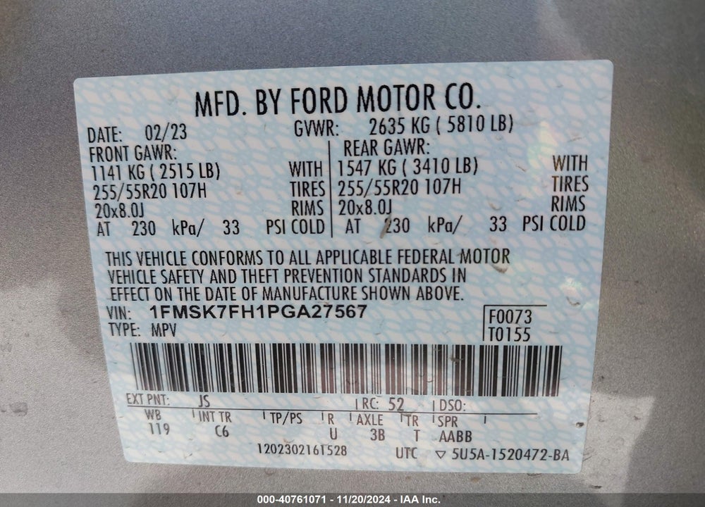 2023 FORD EXPLORER LIMITED VIN: 1FMSK7FH1PGA27567